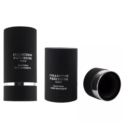Emballage de tube de parfum rond noir à dessus plat avec emballage de tube cosmétique d'emboutissage d'argent d'insertion d'EVA